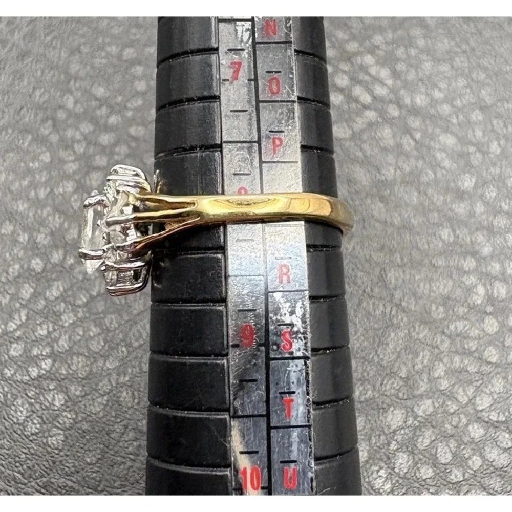 Vintage Yellow Gold Plated Oval CZ Halo Cocktail Ring Round Baguette Accents